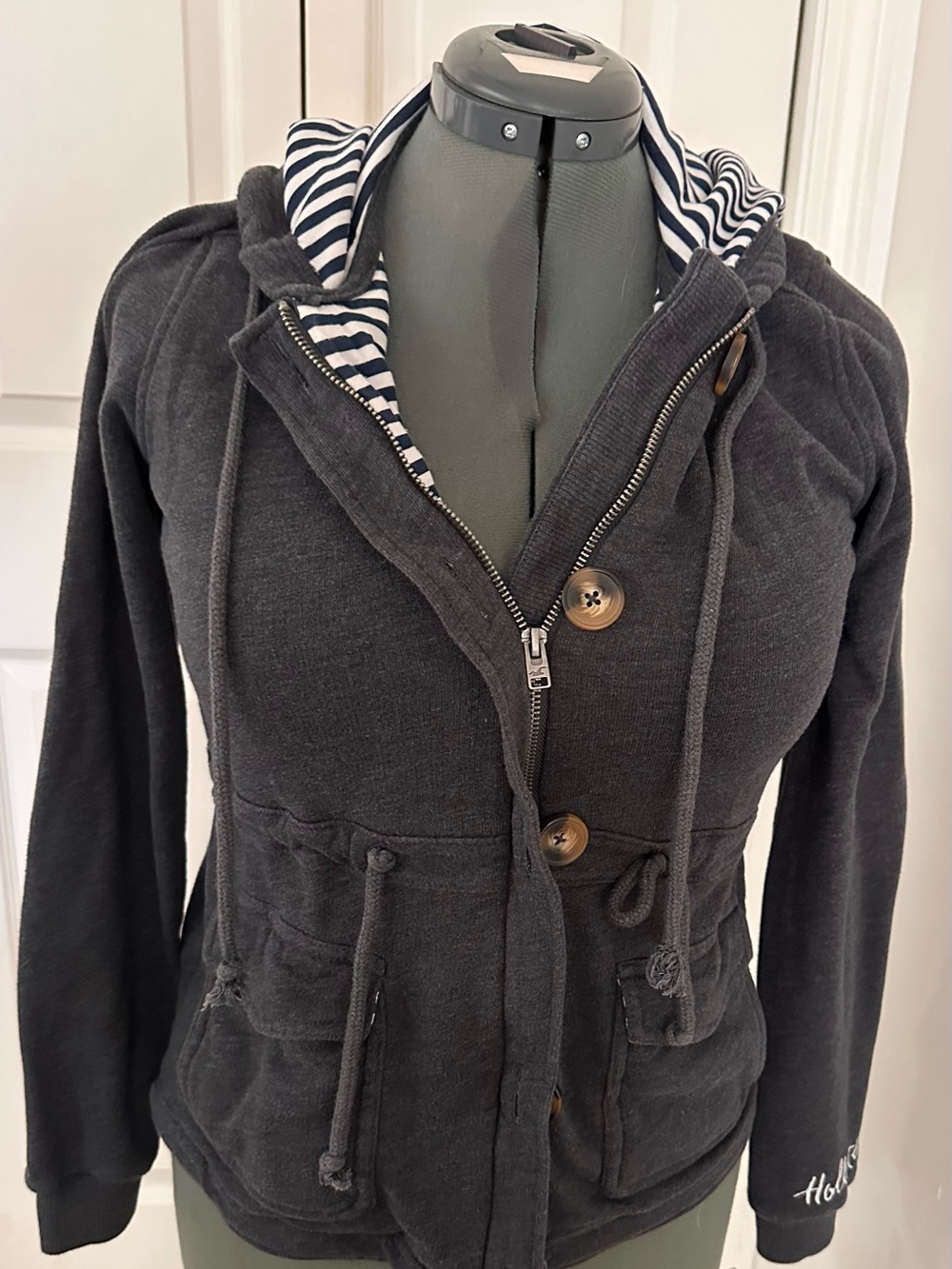 Hollister Charcoal Hooded Pea Coat with Striped Lining